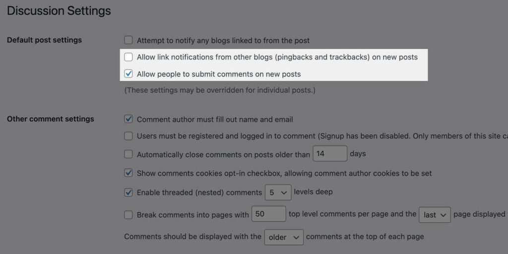 Disable comments in the WordPress discussion settings